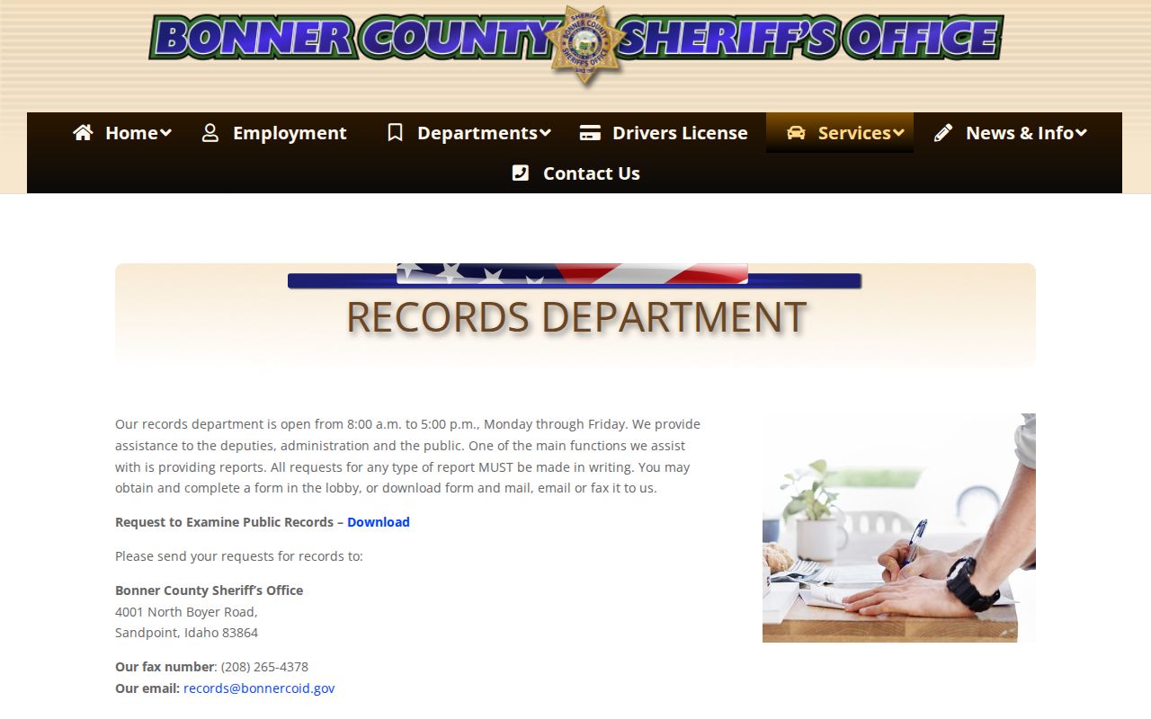 Bonner County Sheriff written records request instructions