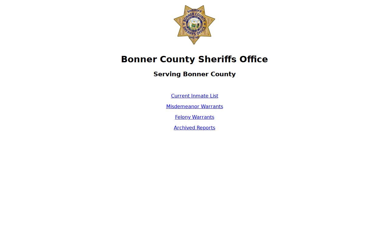 Bonner County Sheriff public reports menu for inmate and warrant records