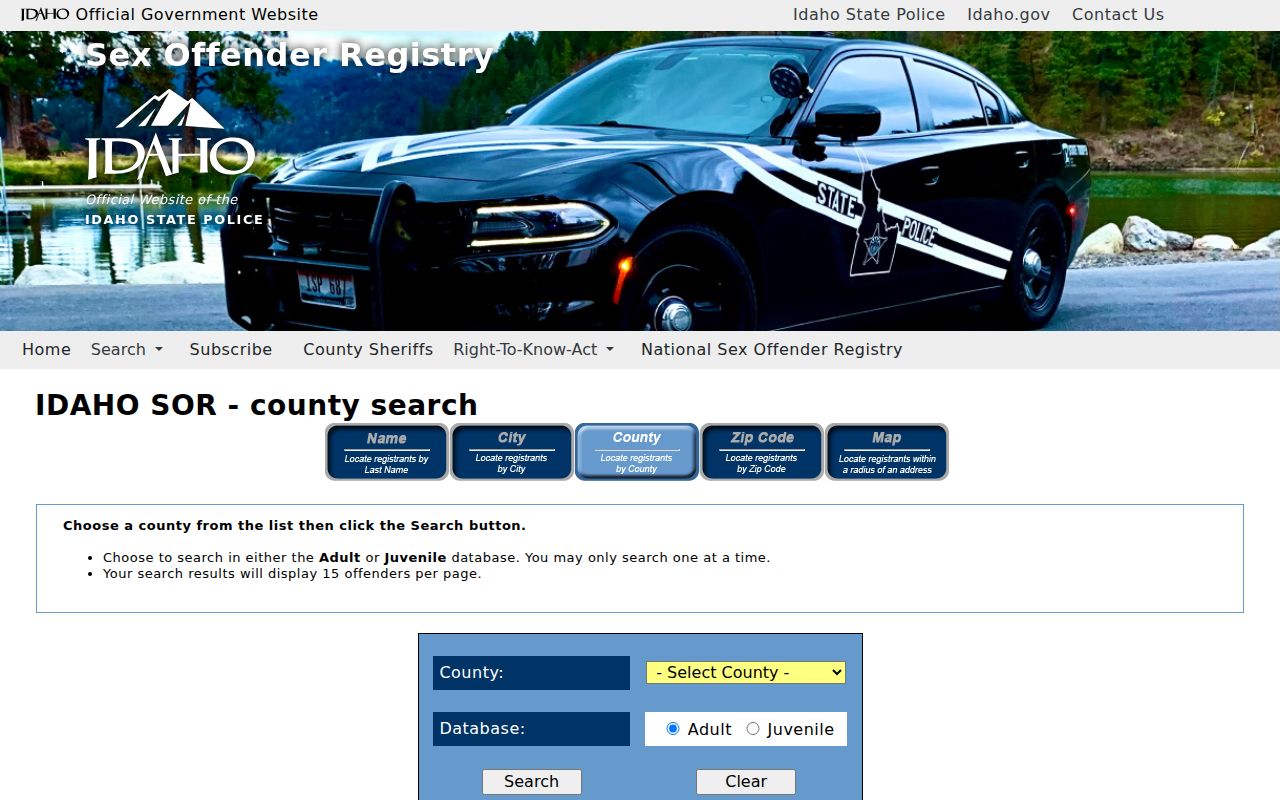 Idaho sex offender registry county search interface used to select Bonner County