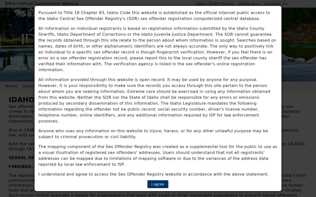 Idaho Central Sex Offender Registry access statement and public-use warnings