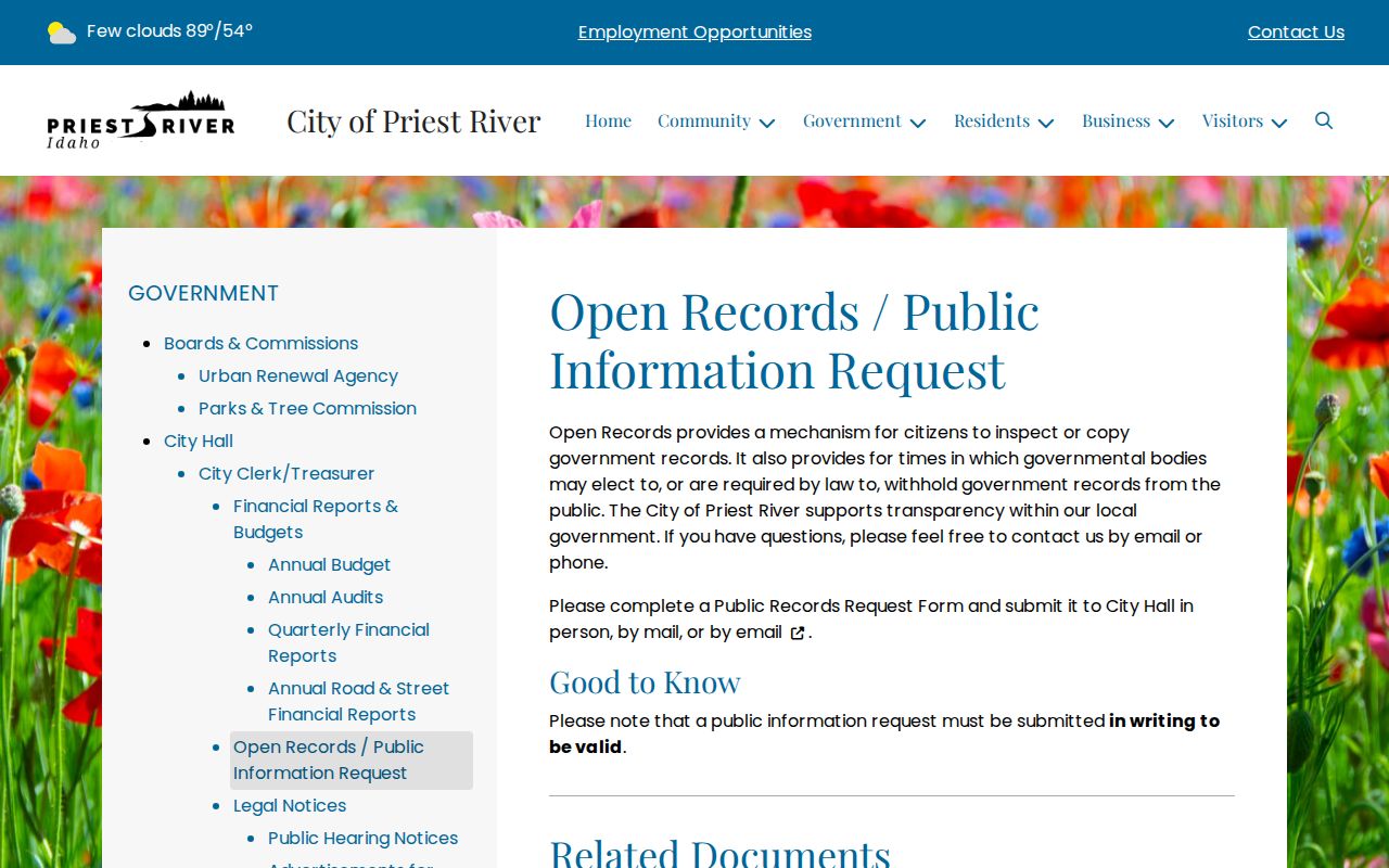 Priest River public records request page explaining the written request process