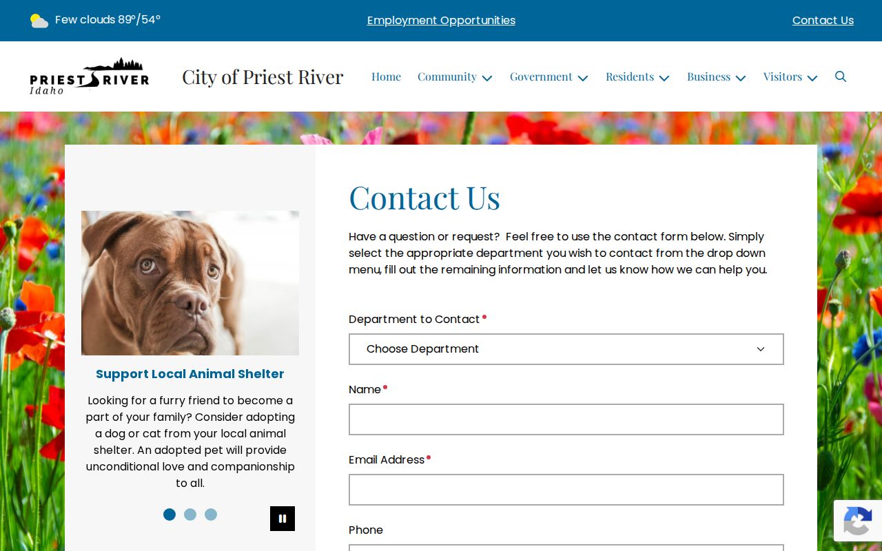 Priest River general contact page that is separate from the public records request form