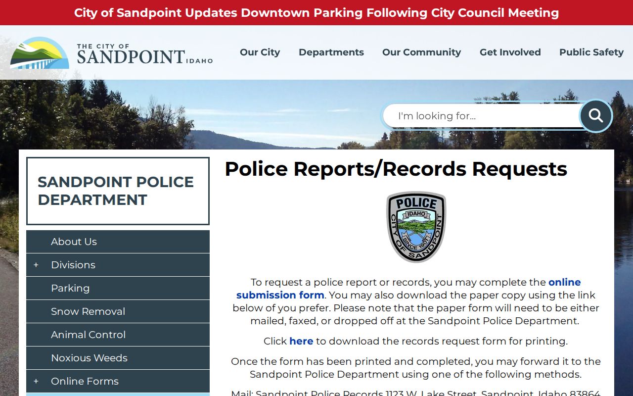 Sandpoint Police records request page showing official submission choices